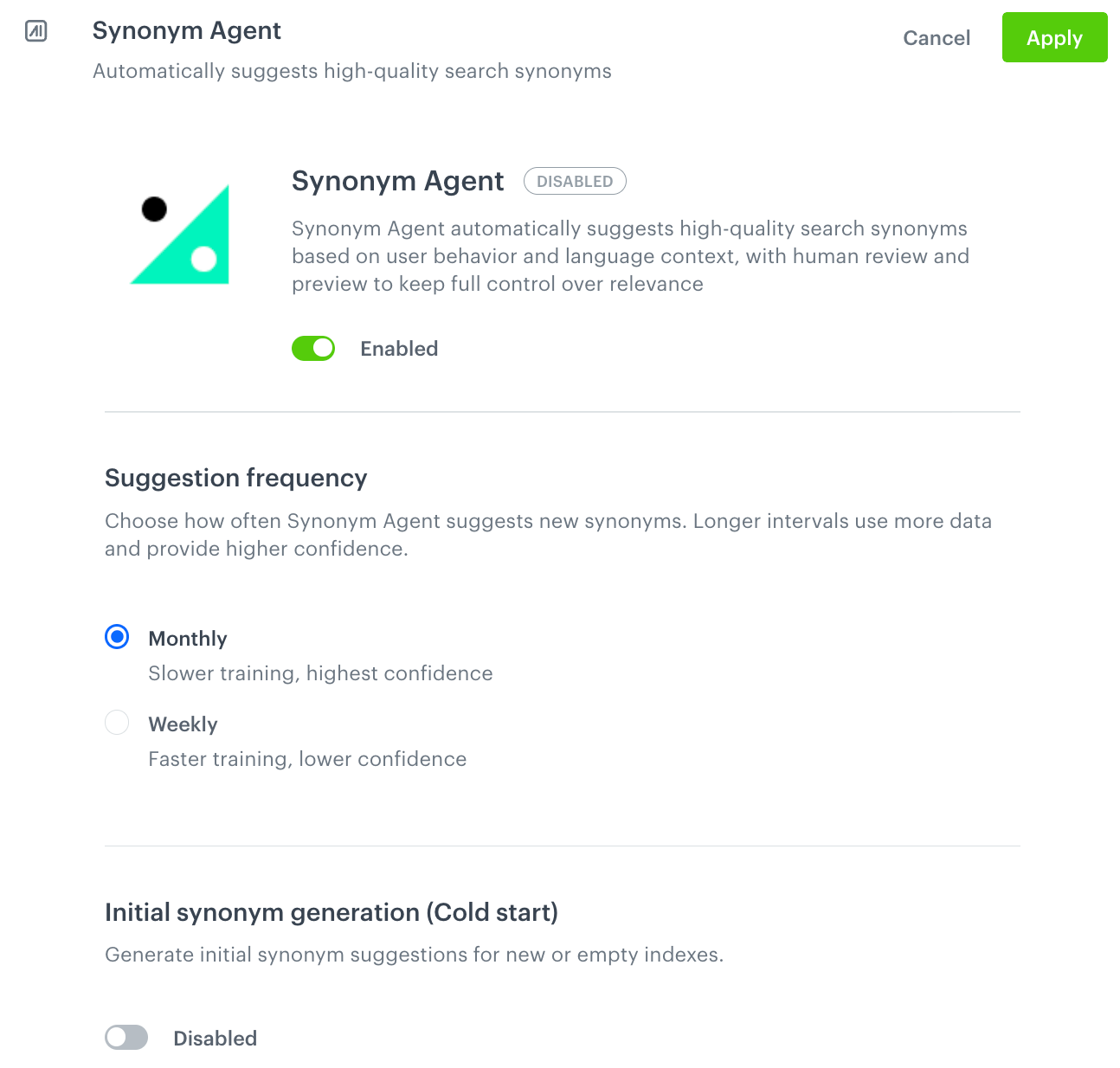 Synonym Agent settings section showing the agent in an enabled state