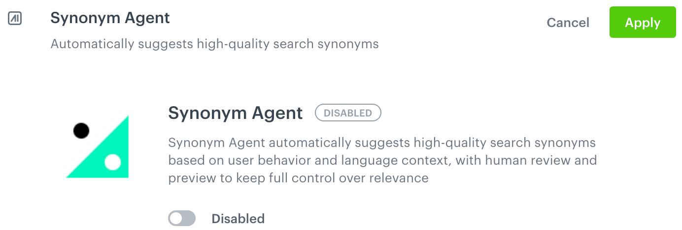 Synonym Agent settings section showing the agent in a disabled state