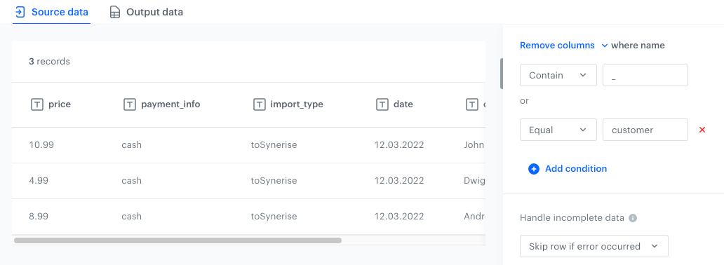 The configuration of the Remove columns node