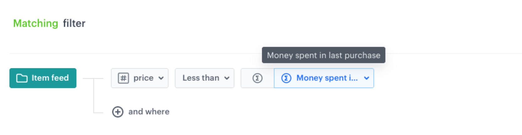 Visual Builder filter in AI Hub comparing a customer aggregate metric value