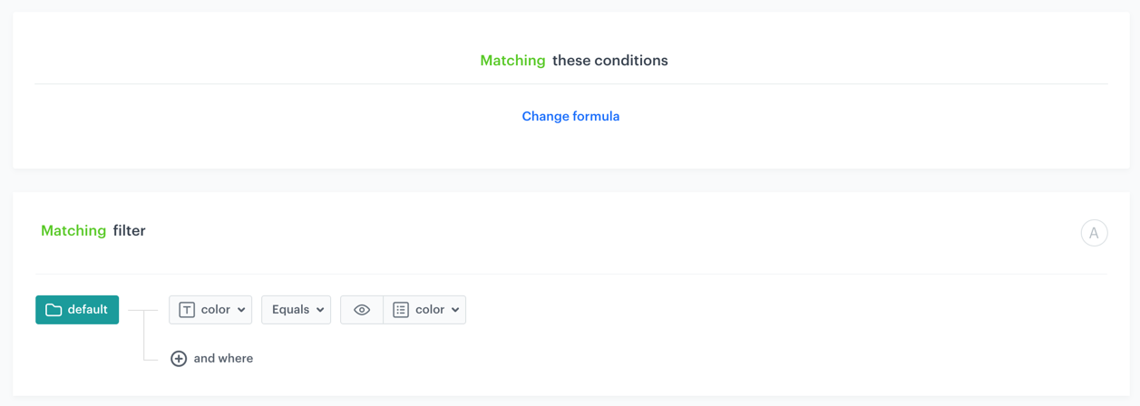 Visual Builder filter in AI Hub comparing item color attribute