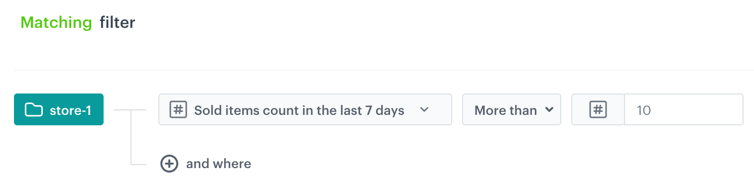 Visual Builder filter in AI Hub comparing a predefined Synerise metric value