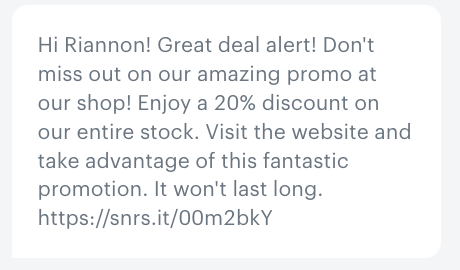 Shortened URL in a text message