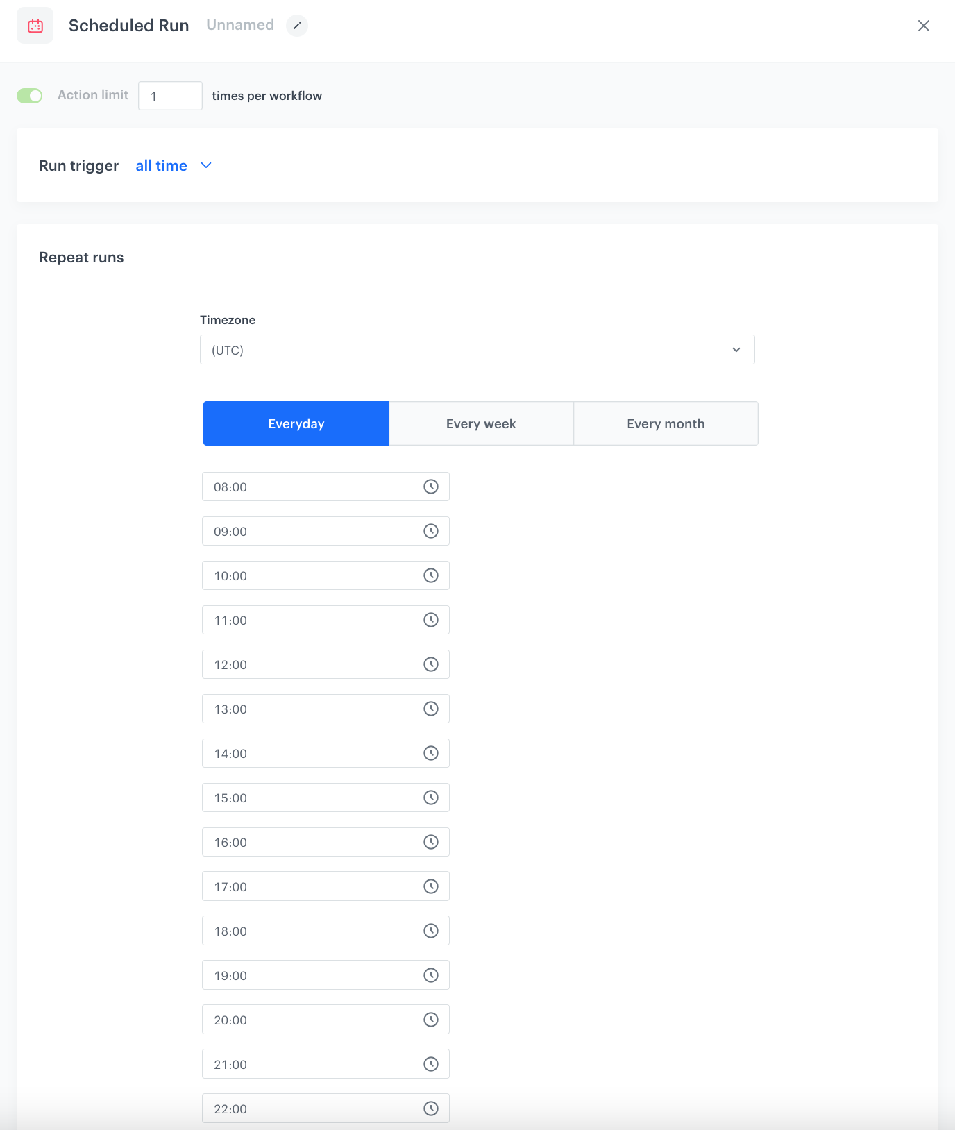 Automation Hub Scheduled Run node configuration for triggering dynamic campaign alert notifications
