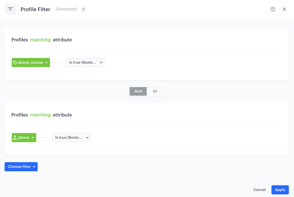 Automation Hub Profile Filter node checking customer has both the phone_unique tag and a phone number