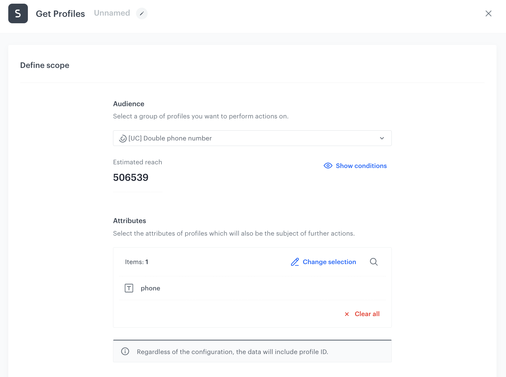 Automation Hub Get Profiles node selecting customers by segmentation with phone attribute to export