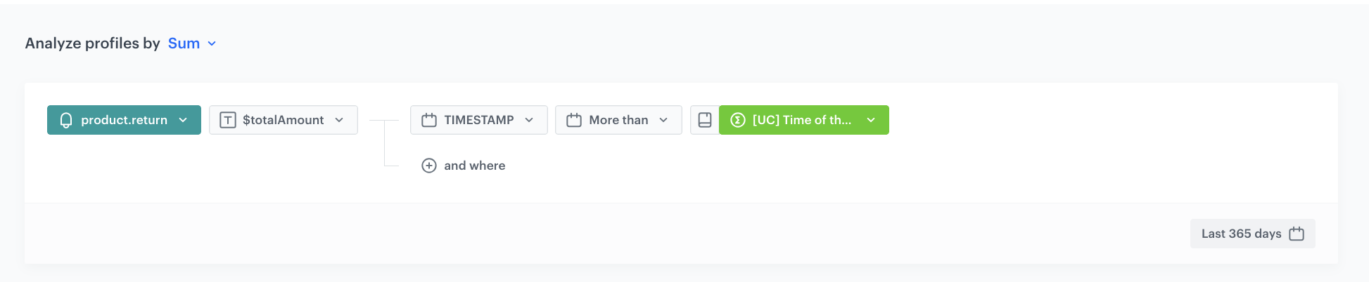 Decision Hub Sum aggregate counting total product.return value since joining the loyalty program over the last 365 days