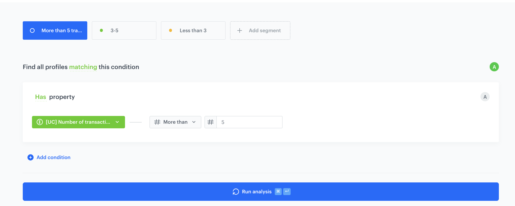 Decision Hub segmentation subsegment filtering customers with more than 5 lifetime transactions using the transaction count aggregate