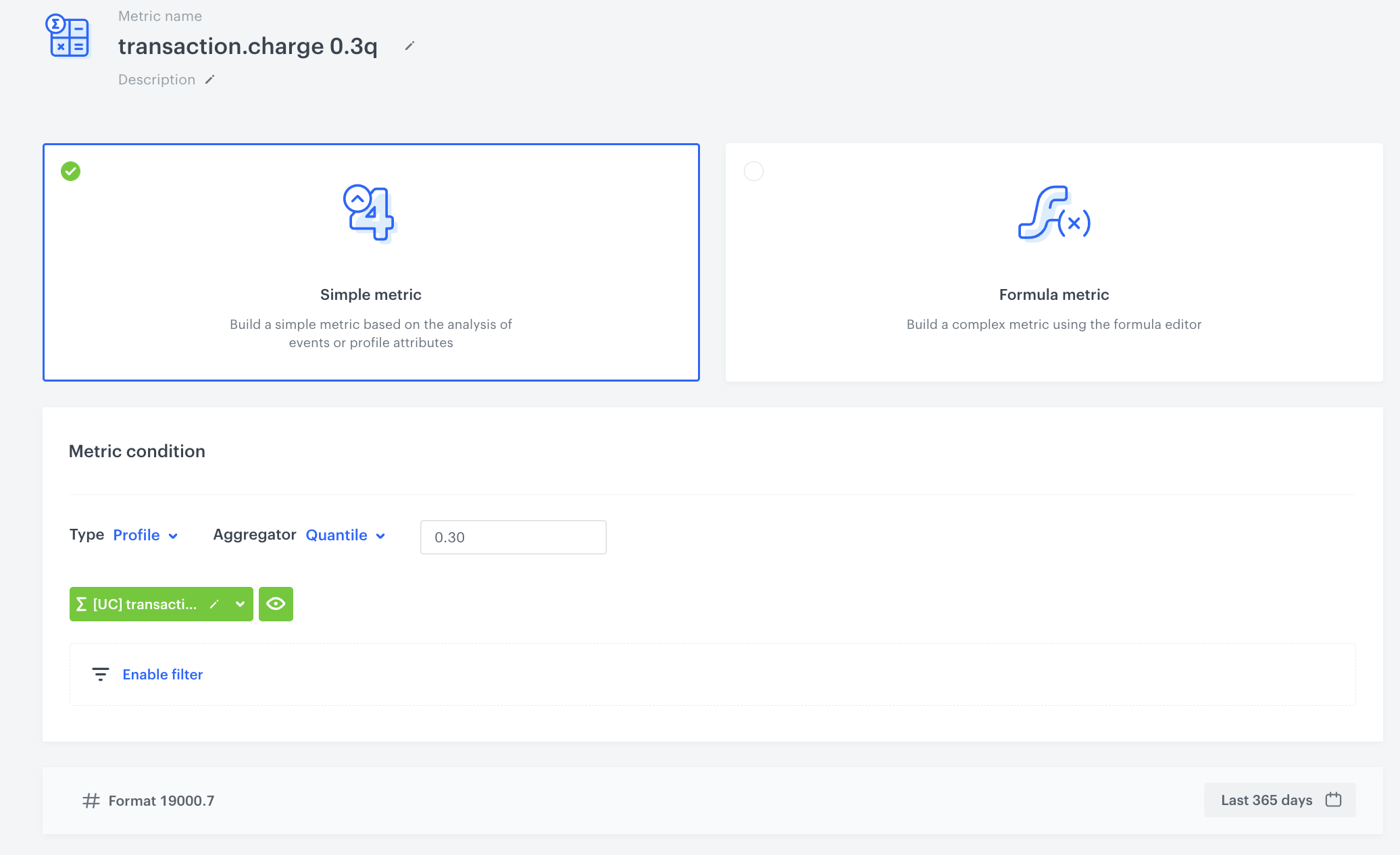 Decision Hub metric configured with 0.3 quantile cutoff for identifying lowest transaction volume customers