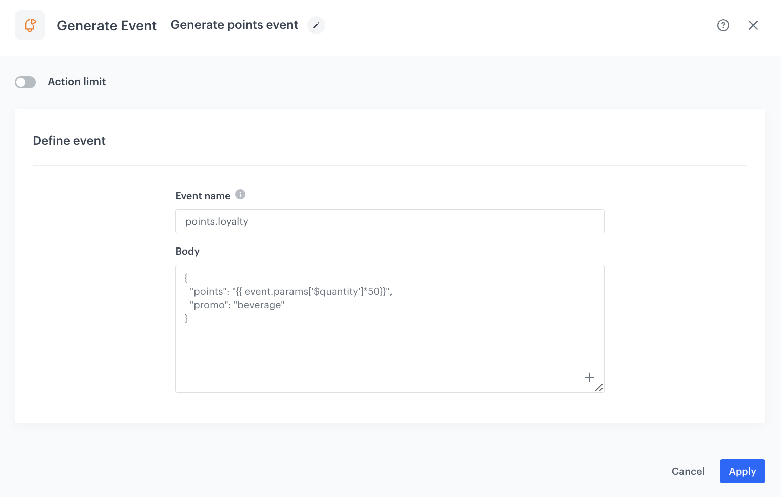 Configuration of the Generate Event node