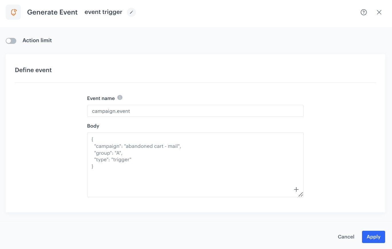 Configuration of the Generate Event node for Group A