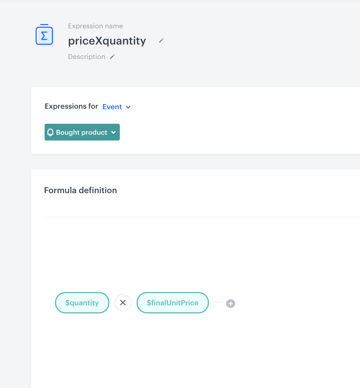 Decision Hub expression multiplying the $quantity and $finalUnitPrice parameters of the Bought product event to calculate item purchase value
