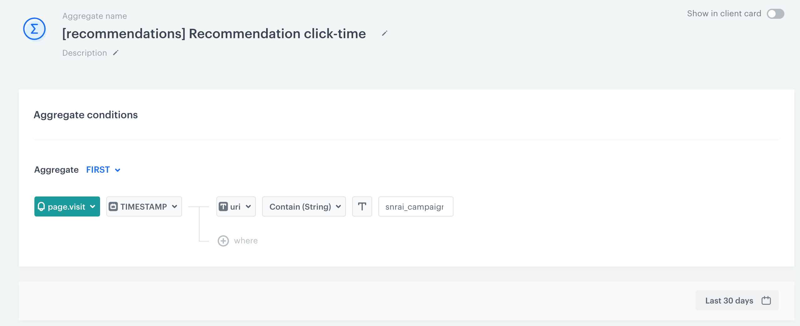 Decision Hub First aggregate returning the TIMESTAMP of the first page.visit event matching the AI recommendation campaign URL
