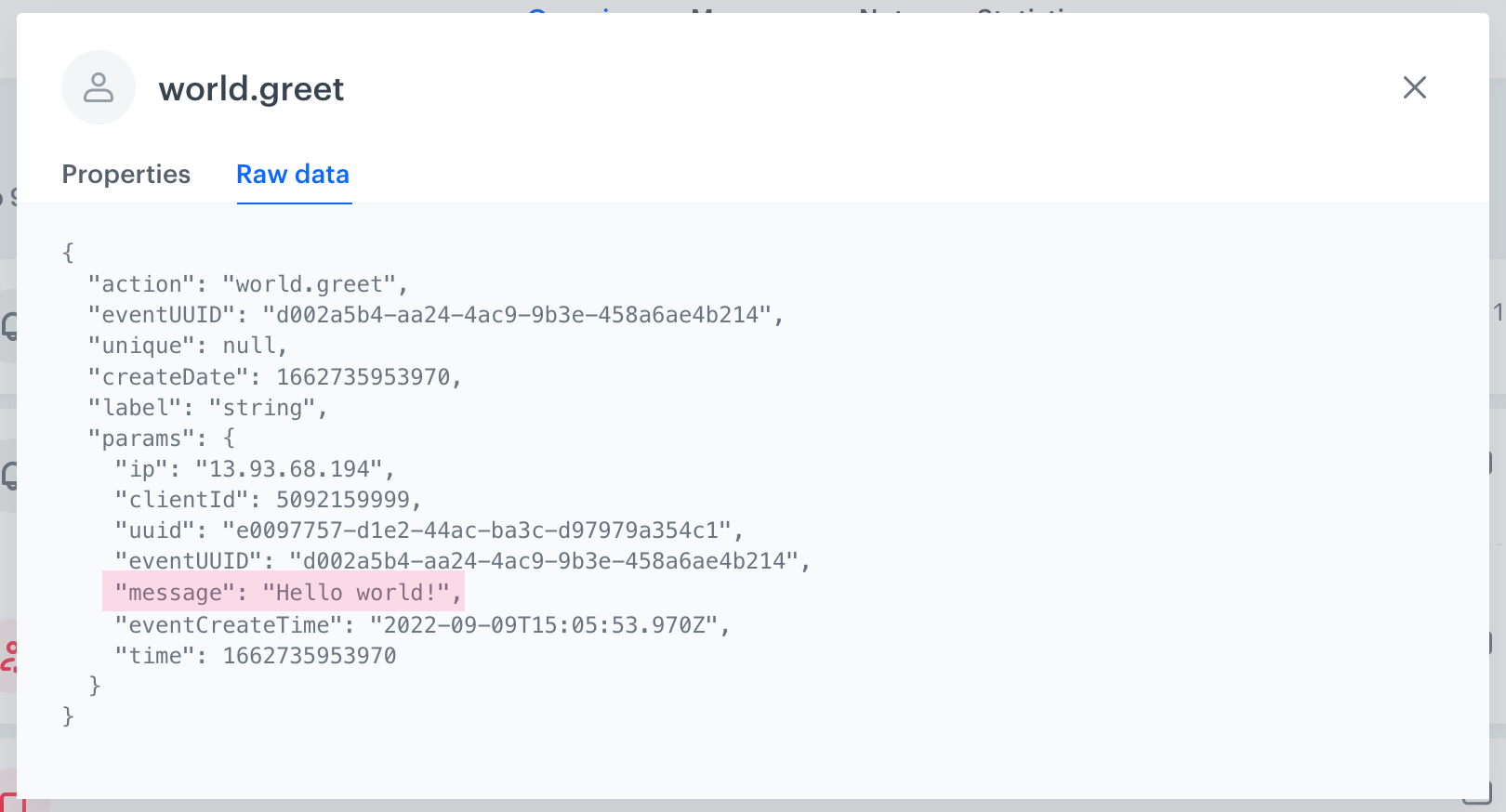 Raw data view of an event