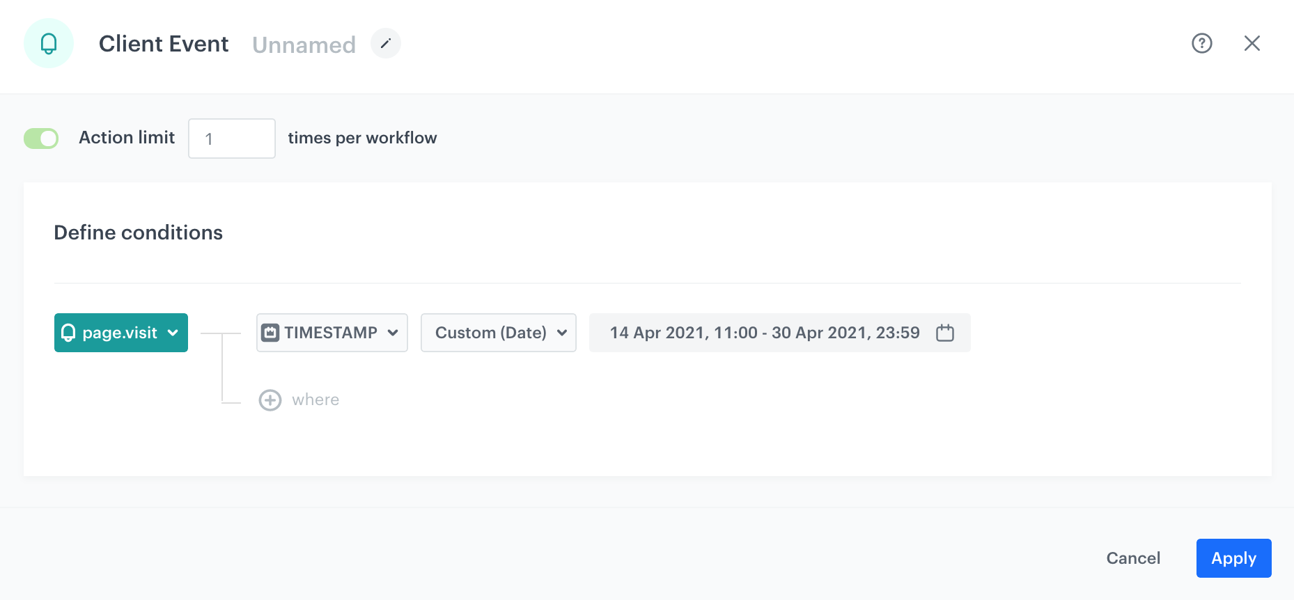 Date range picker in the Profile Event trigger node for filtering by when the customer-performed event occurred