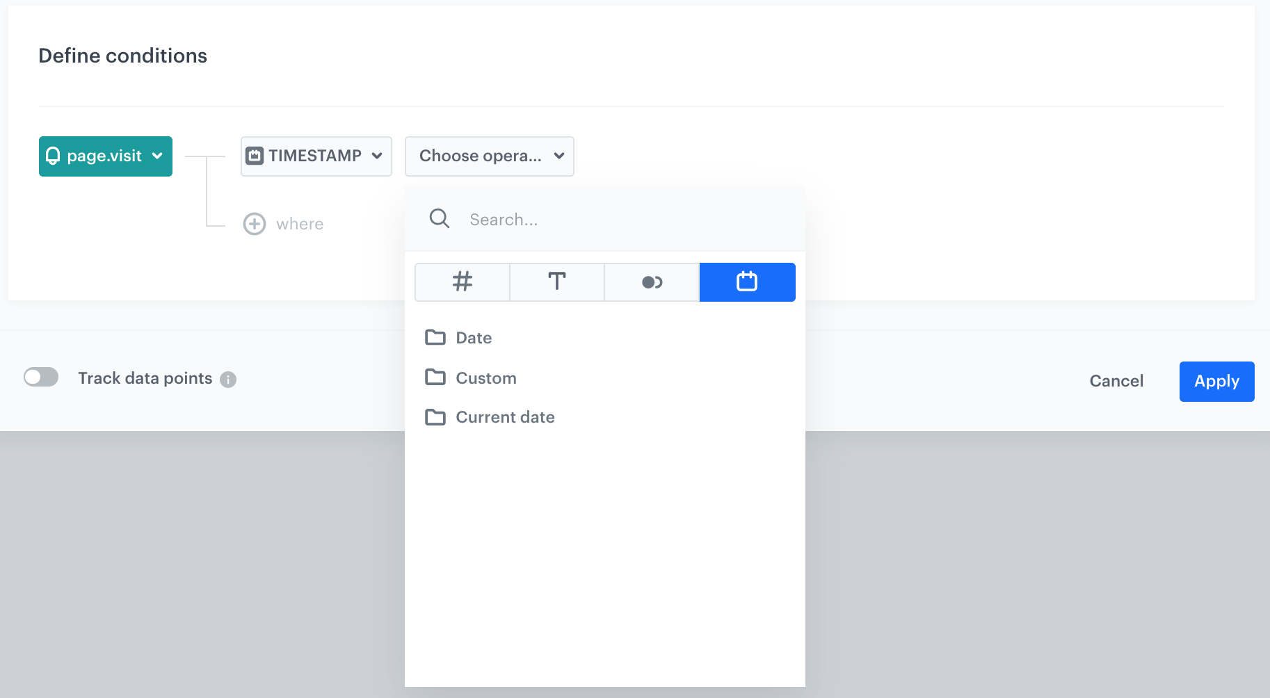 Date operator selection in Automation Hub showing options to filter by Date, Custom, and Current date when using a timestamp parameter