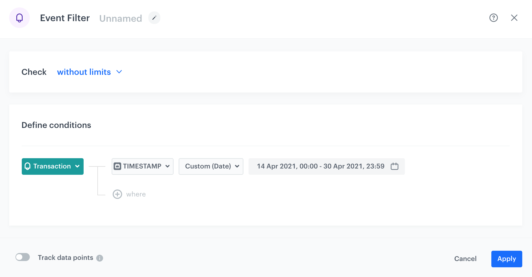 Date range picker in the Event Filter node for limiting the condition to events occurring within a specific time window