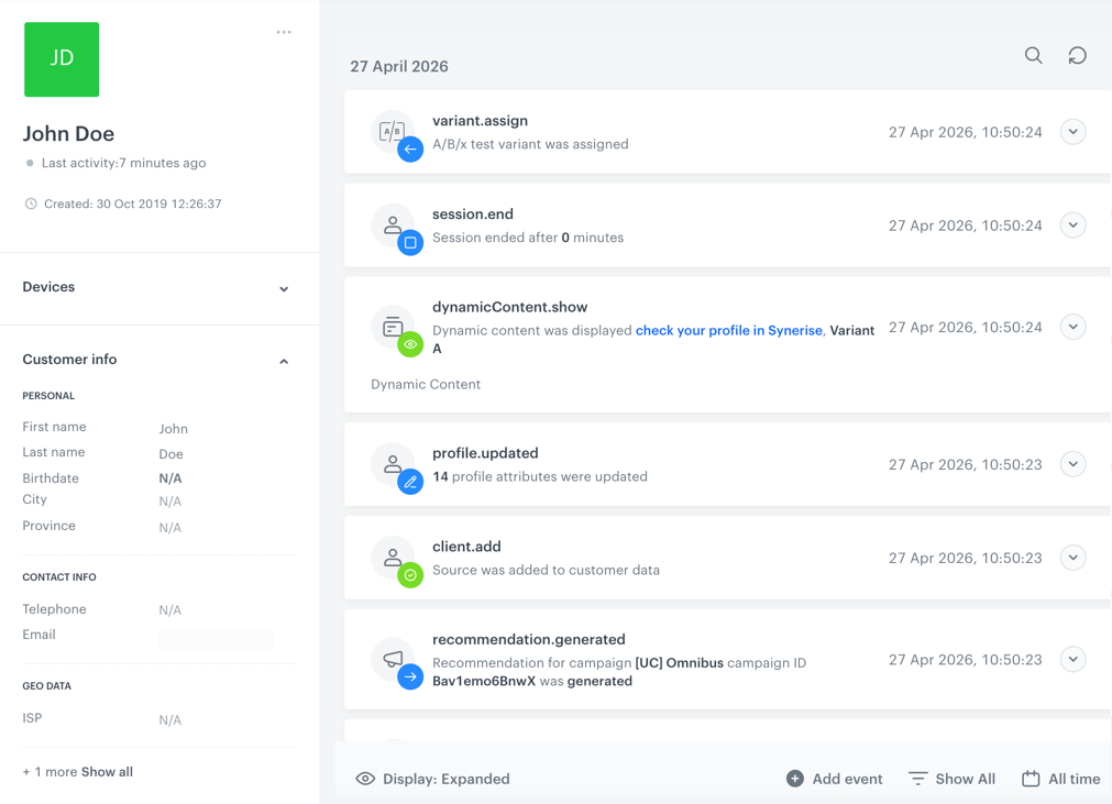 Customer profile card in Behavioral Data Hub showing the section where custom events can be added manually