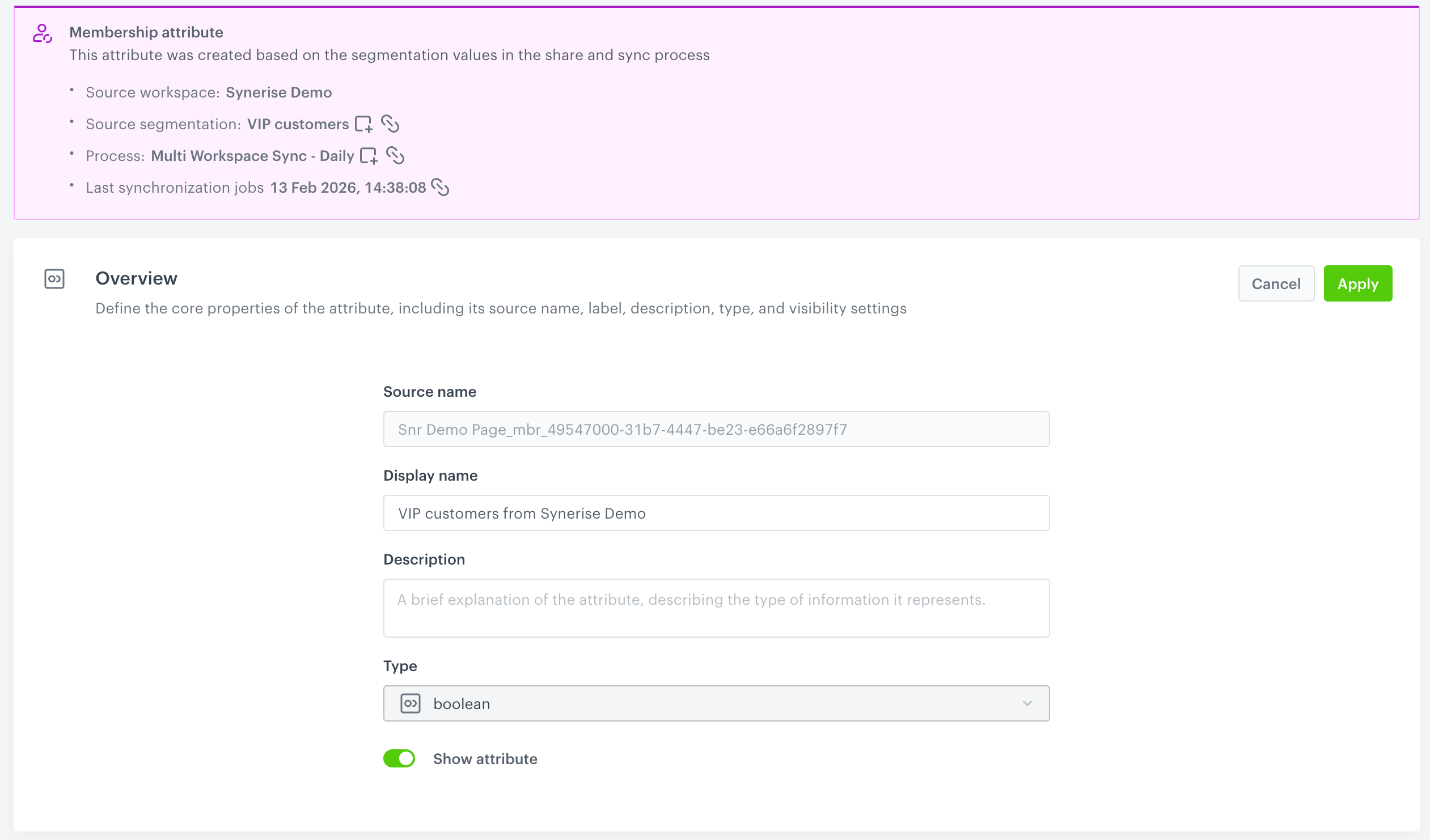 Preview of membership attribute details shared across a workspace group, accessible in Behavioral Data Hub > Attributes > Membership attributes