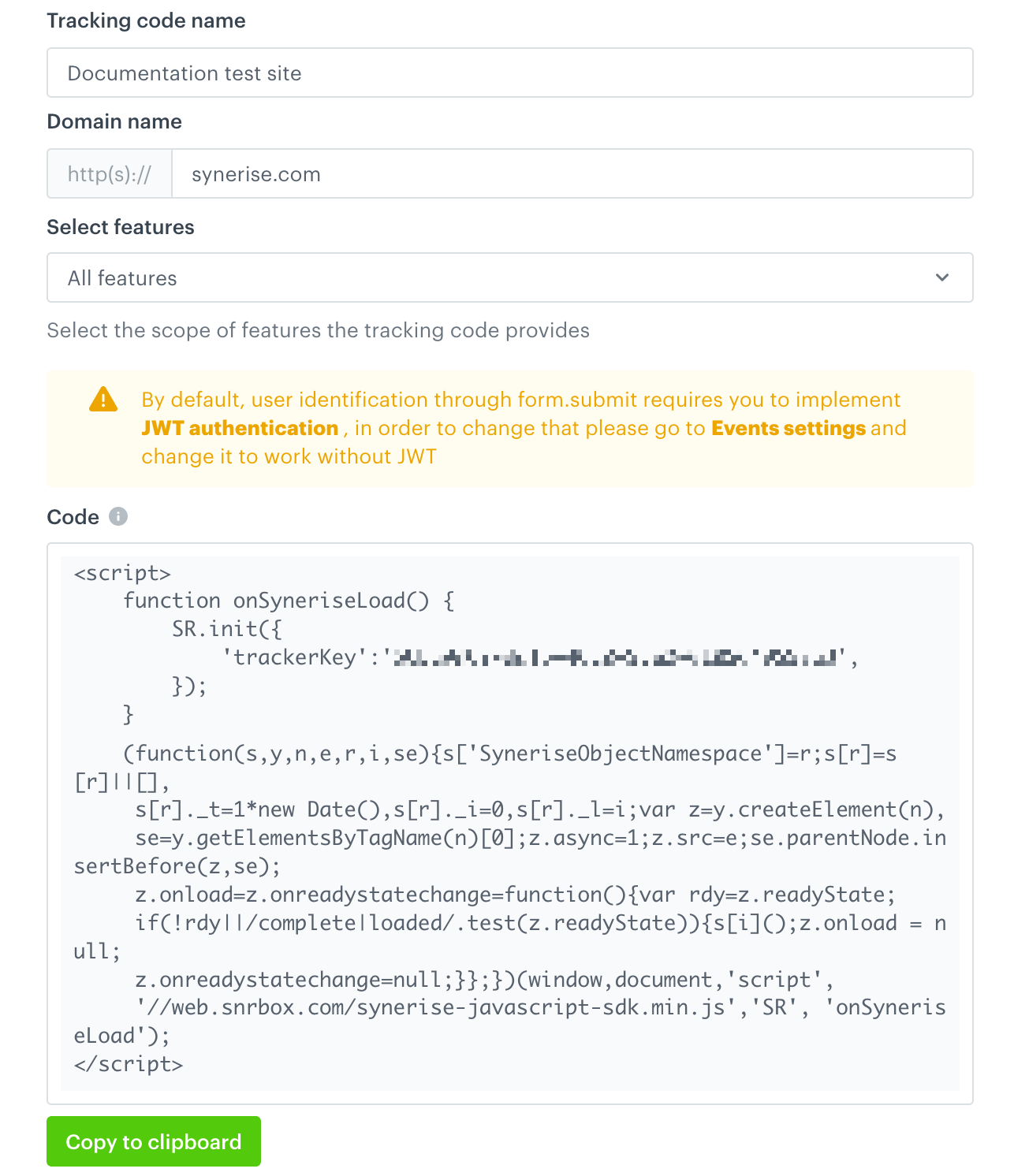 Synerise tracking code form in Settings for Magento integration setup