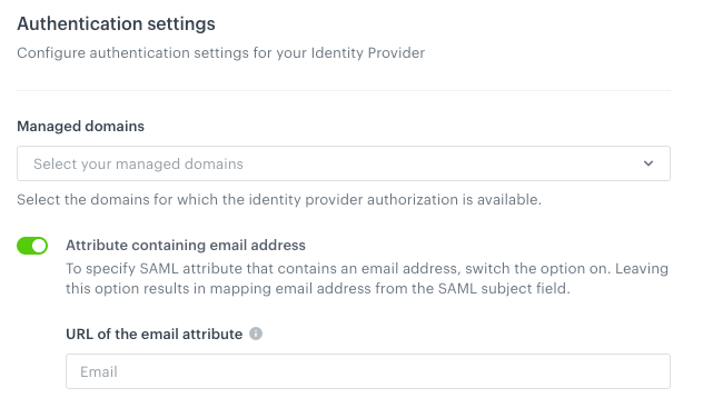 Synerise SSO configuration showing the Authentication settings section