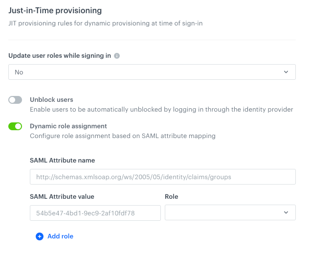 Synerise SSO configuration showing the Just-in-Time provisioning section