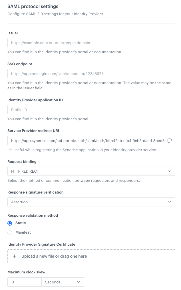 Synerise SSO configuration showing the SAML protocol settings section