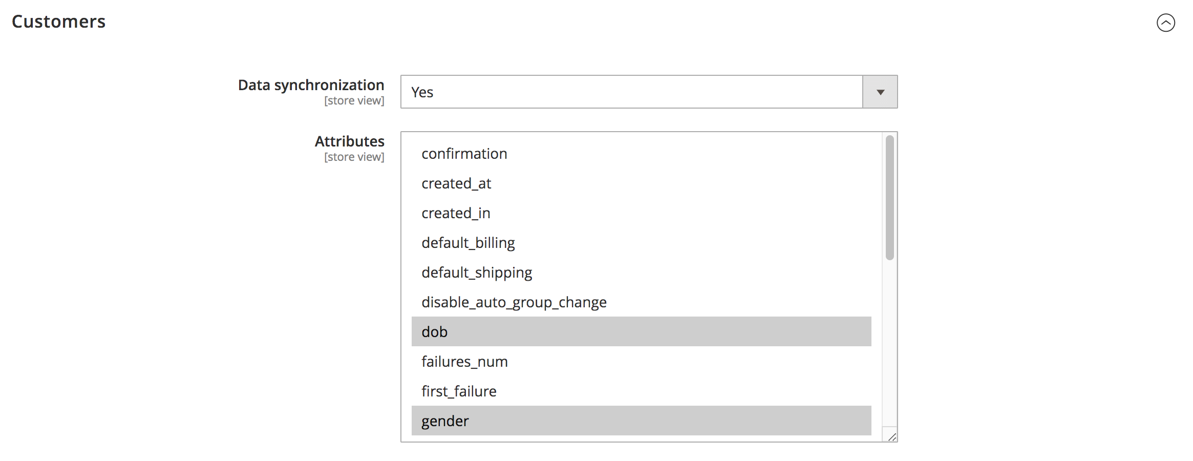 Magento Synerise plugin Customers synchronization section for selecting customer attributes