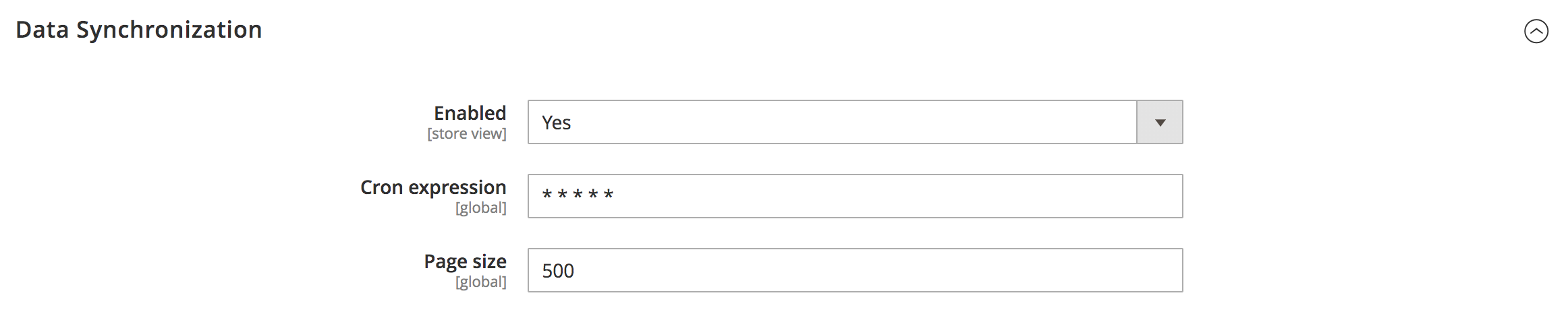 Magento Synerise plugin Data Synchronization section with cron expression and page size settings