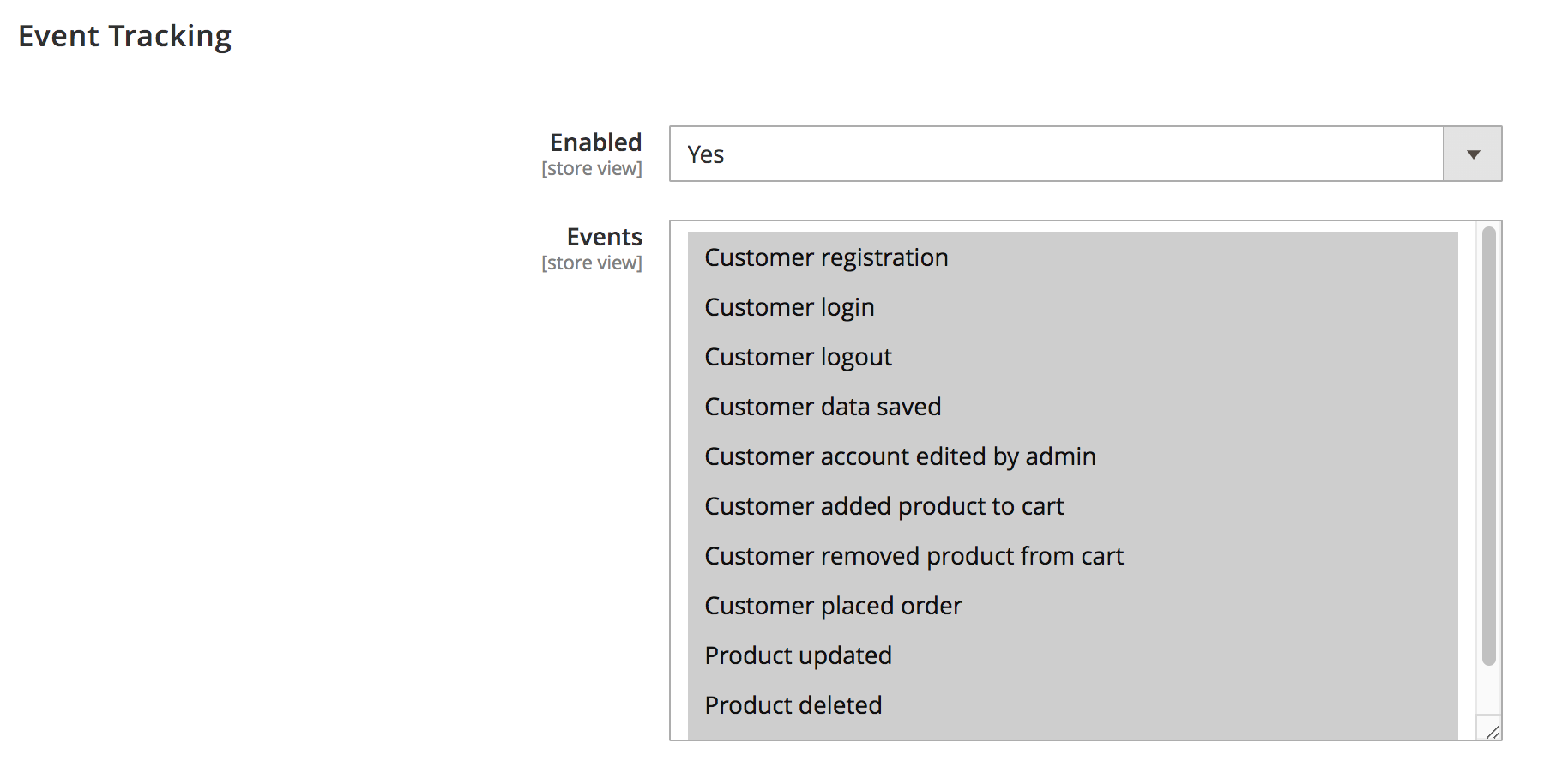 Magento Synerise plugin Event tracking section with list of trackable customer events
