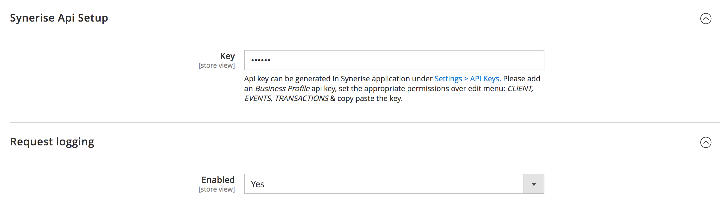 Magento Synerise plugin API key and request logging configuration