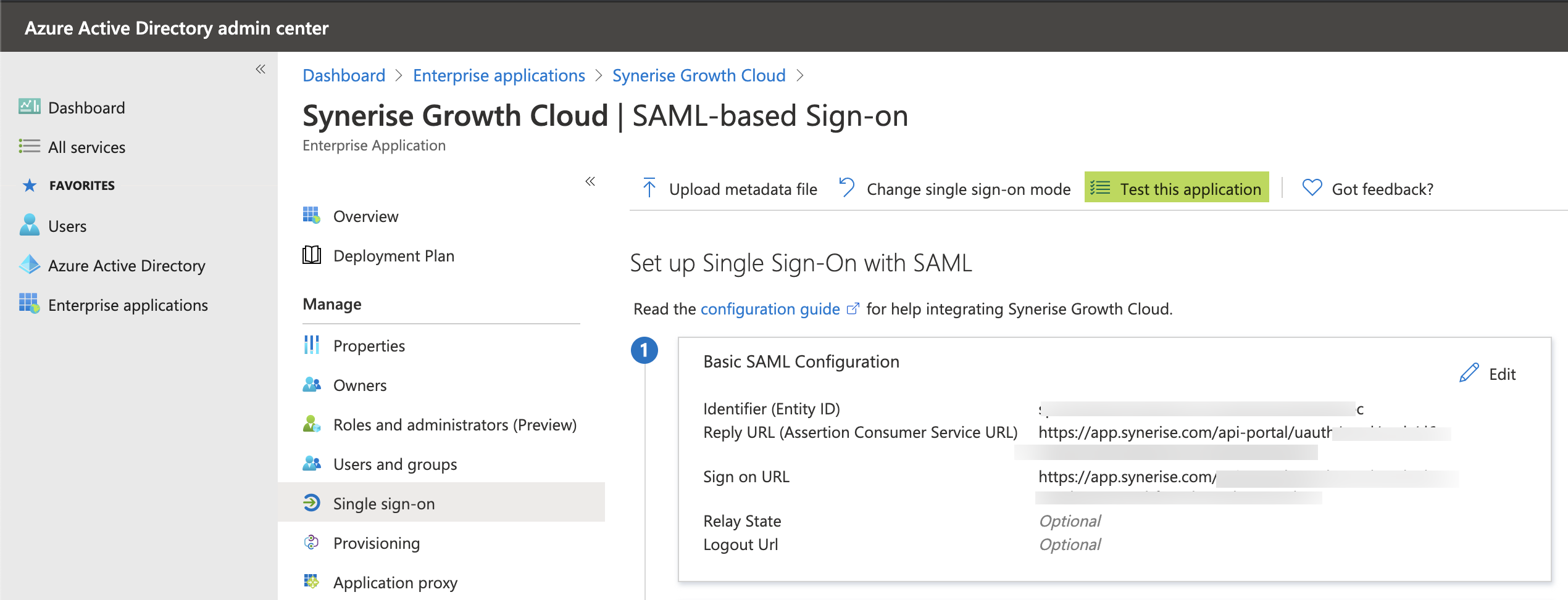 Microsoft Entra ID Test this application button for verifying SSO configuration in Azure portal