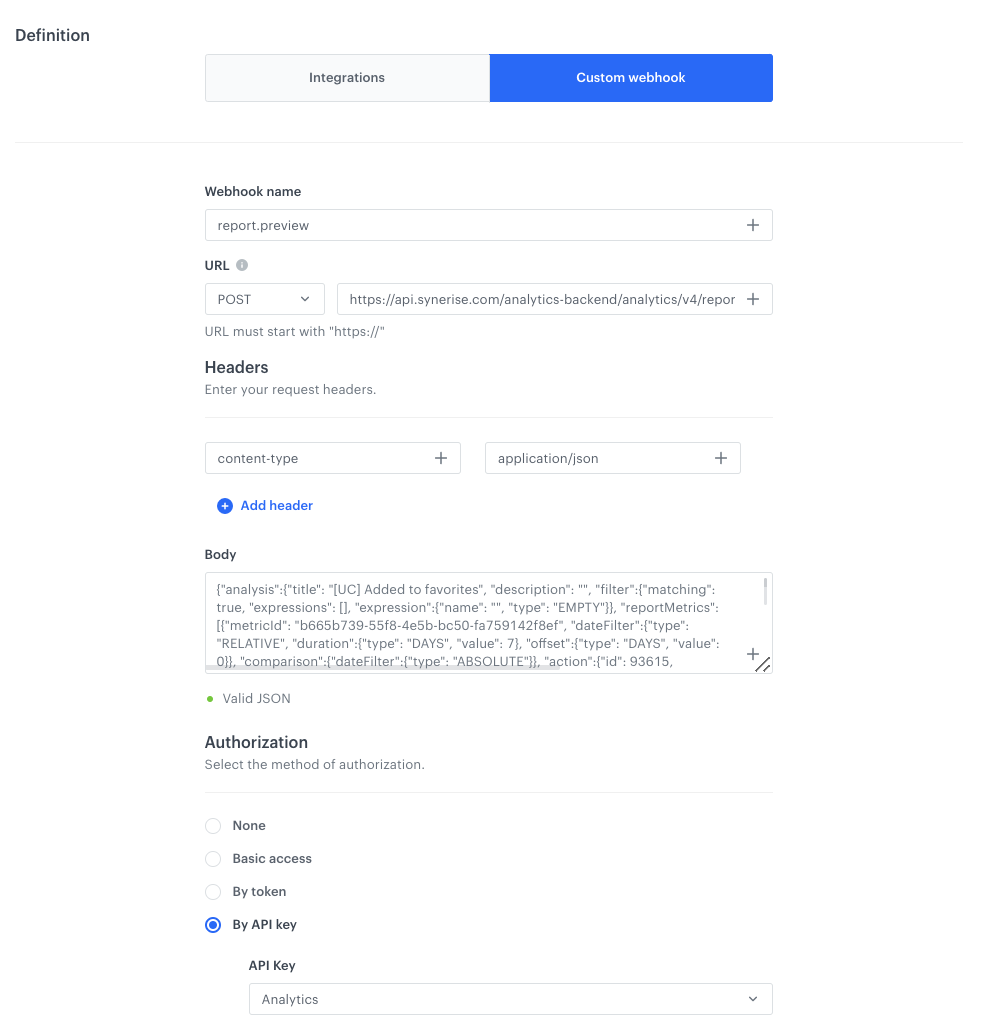 Automation Hub Outgoing Integration node configured as a webhook to recalculate the Added to Favorites report