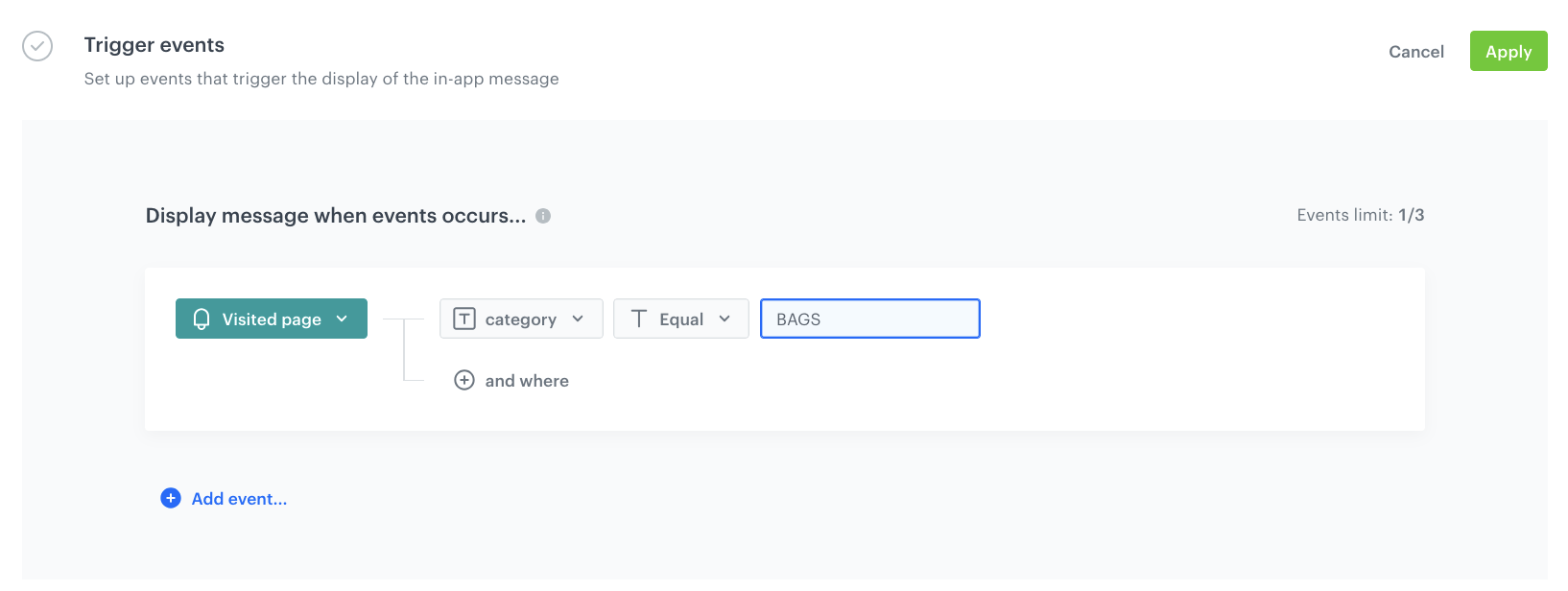 Brickworks in-app message trigger event configuration with page visit condition