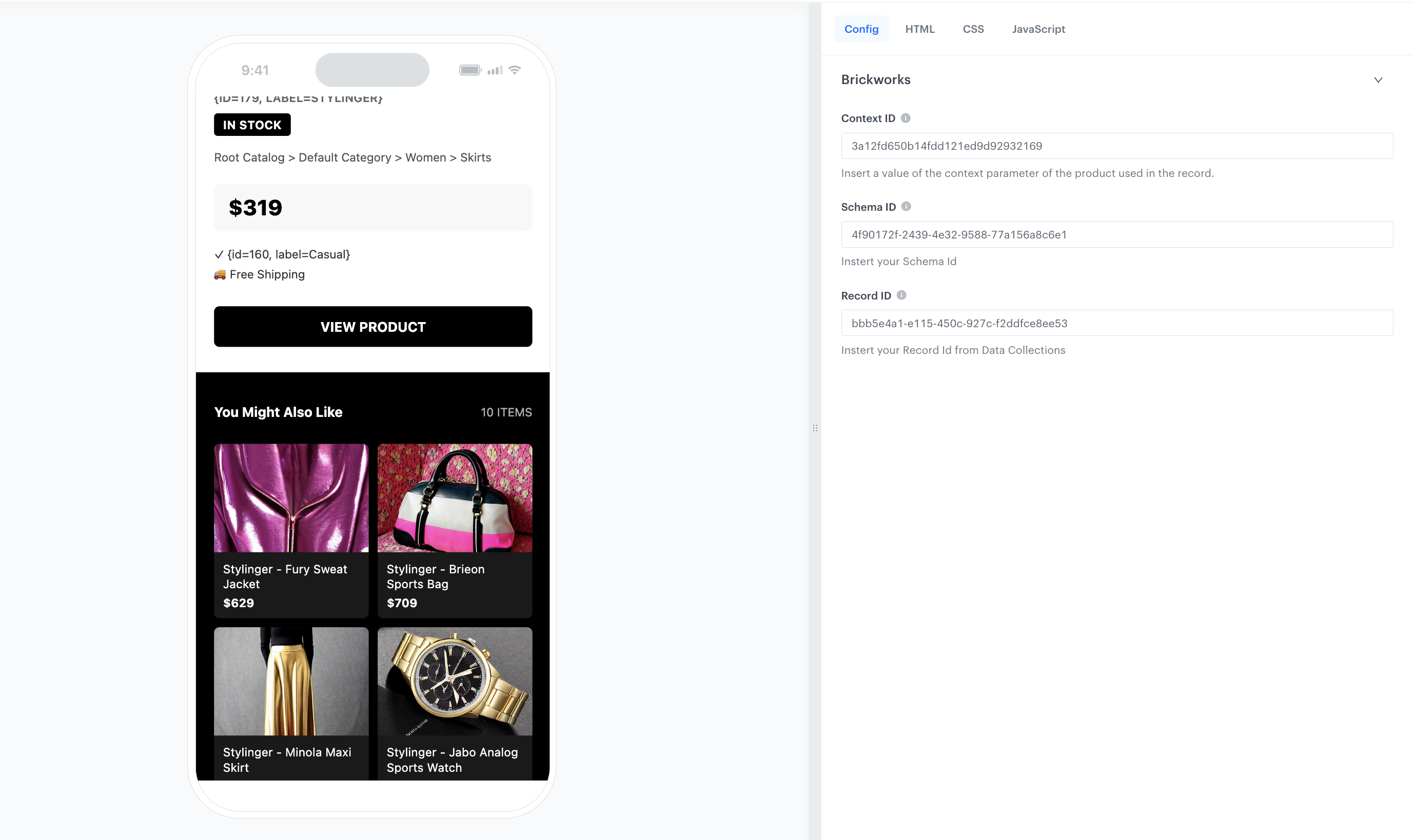 Brickworks in-app Config tab with Schema ID, Record ID, and ContextID fields