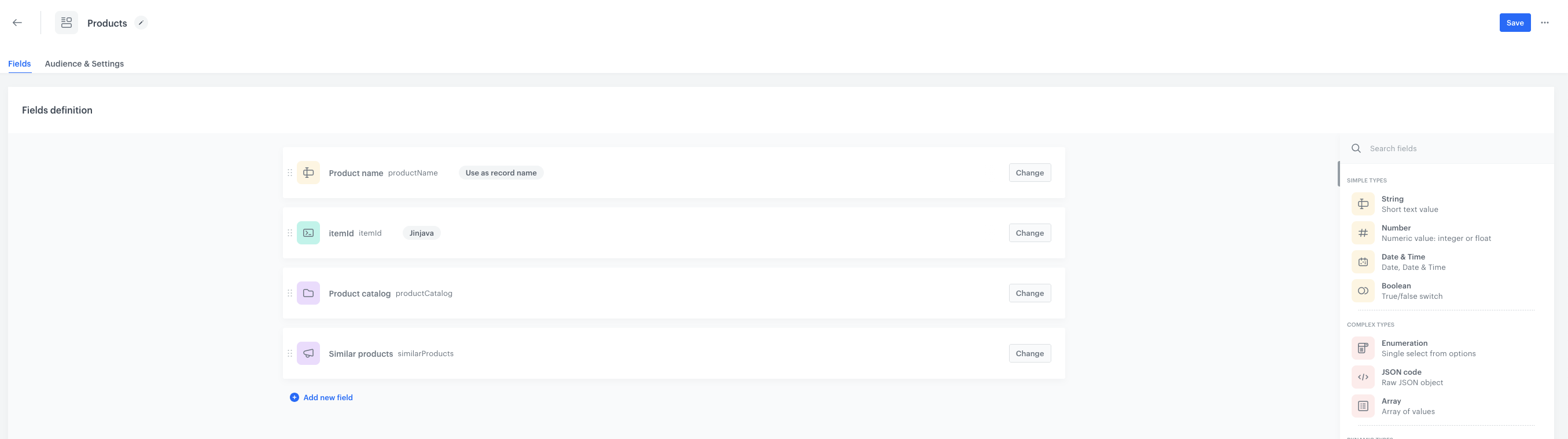 Brickworks schema field configuration showing Similar Products AI recommendations field