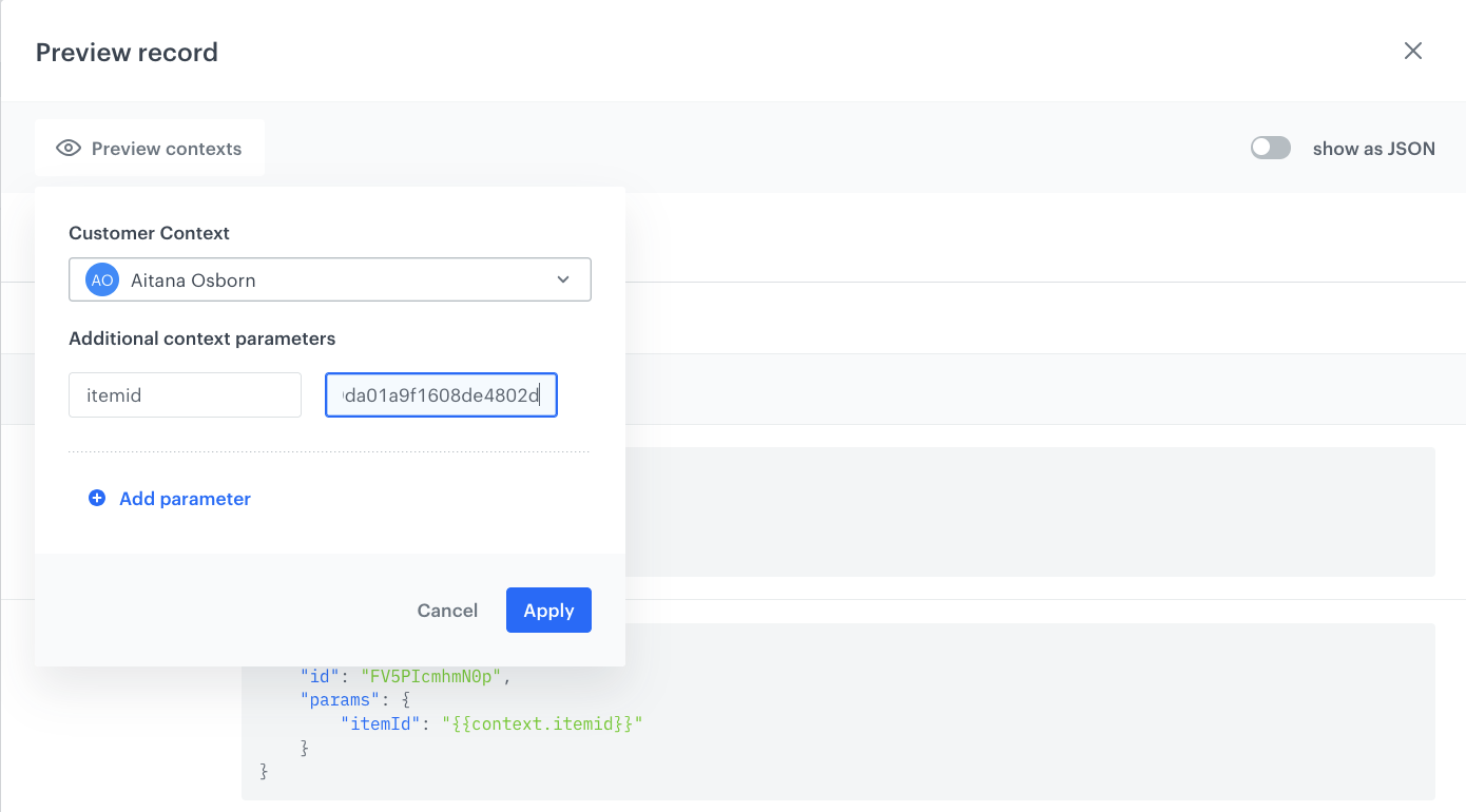 Brickworks record preview context with itemid parameter configuration