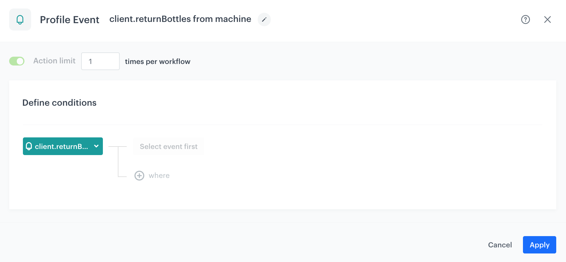 Automation Hub Profile Event node configured with the client.returnBottles custom event trigger