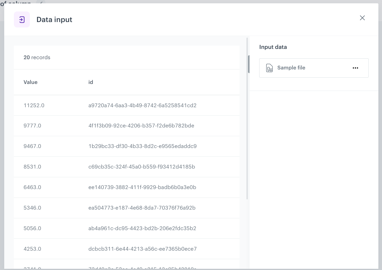 Data Transformation Data input node showing sample file upload with semicolon delimiter for SFTP report export
