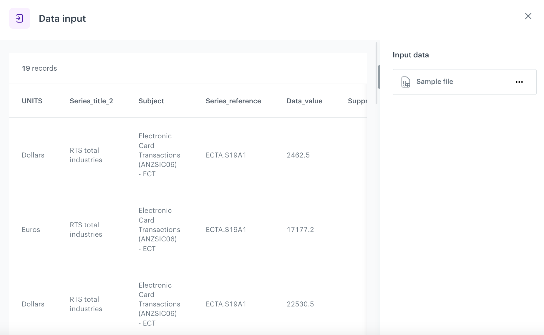Data Transformation Data input node showing sample data upload for data cleaning