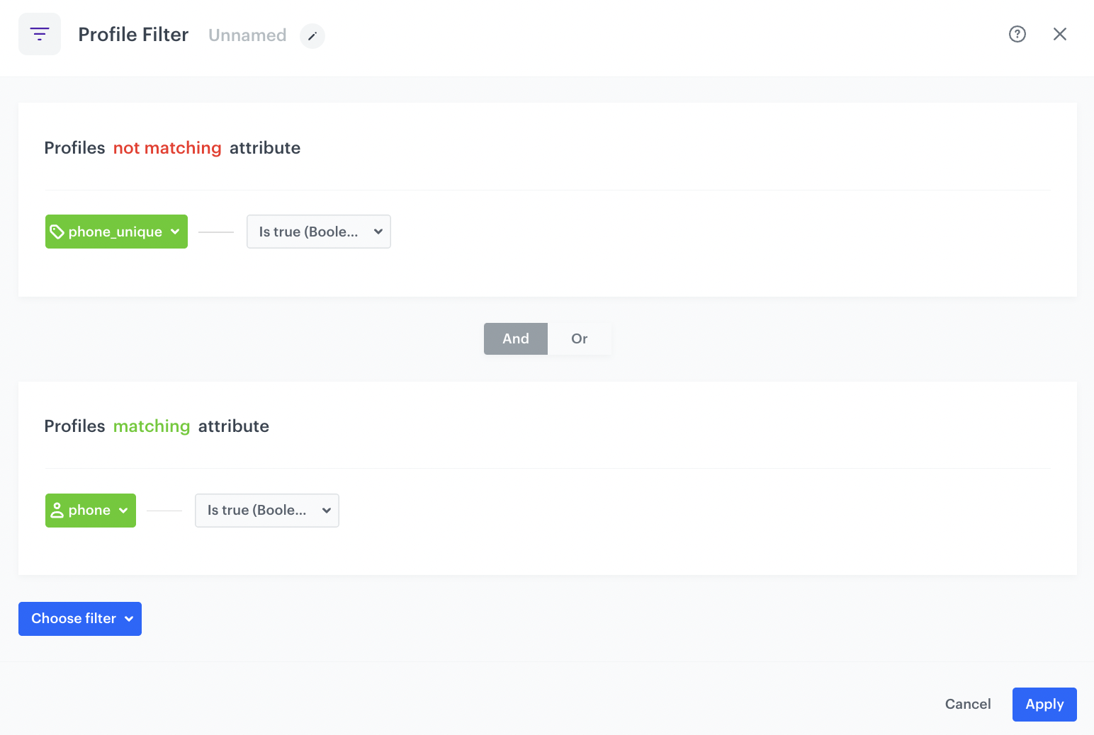 Automation Hub Profile Filter node checking customer has a phone number but does not have the phone_unique tag