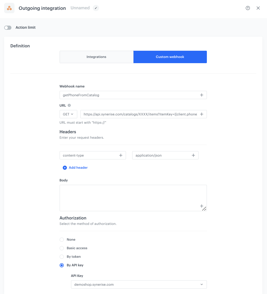 Automation Hub Outgoing Integration node configured as a webhook to check if a phone number exists in the catalog