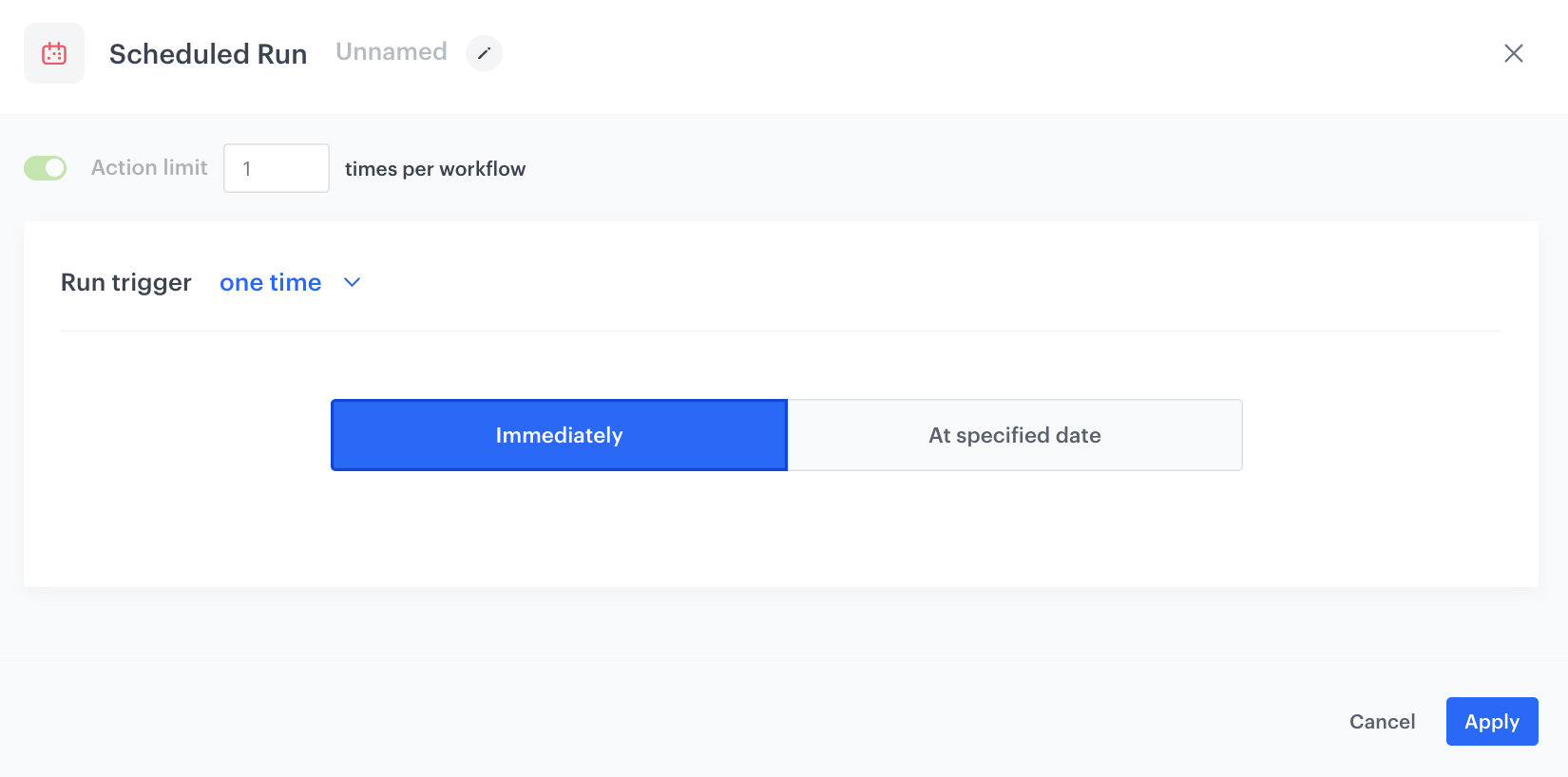 Automation Hub Scheduled Run node configured for a one-time immediate run to trigger customer data export to catalog