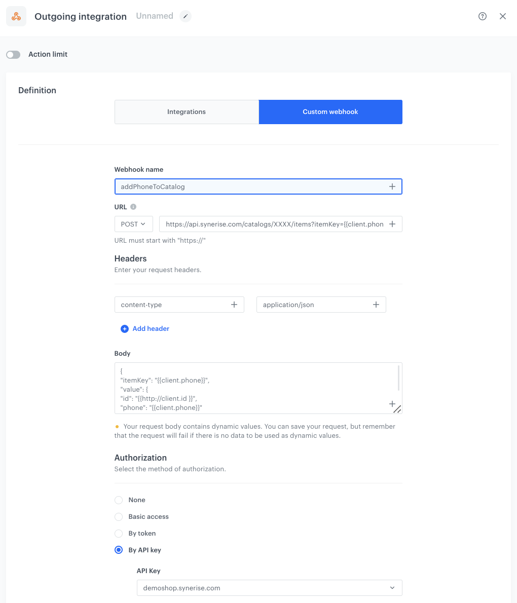 Automation Hub Outgoing Integration node configured as a webhook to add a phone number to the catalog