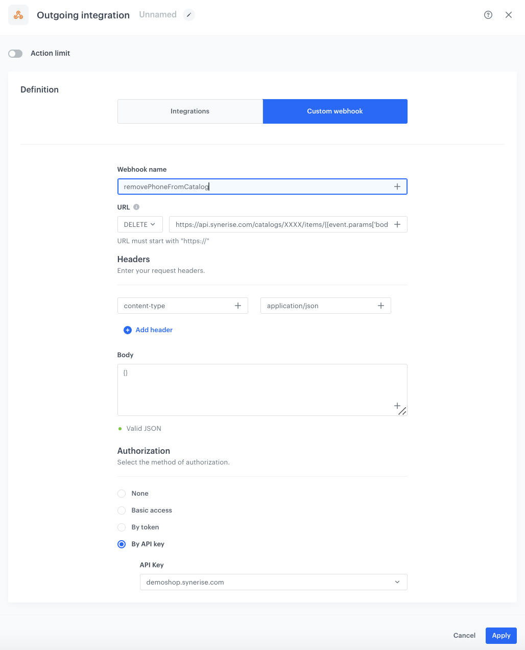 Automation Hub Outgoing Integration node configured as a webhook to remove a phone number from the catalog