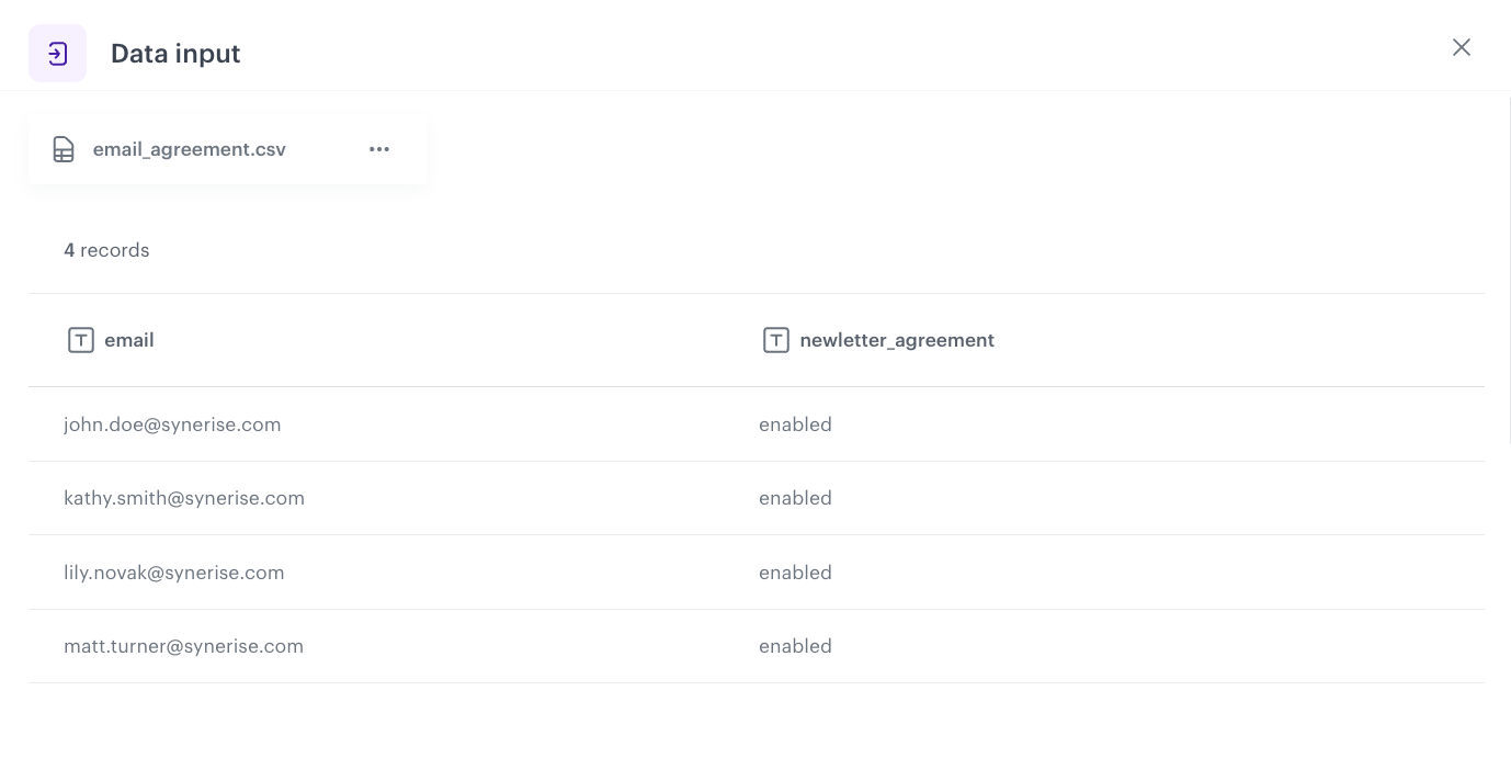 Data Transformation Data input node showing sample data upload for Google Cloud Storage profile export