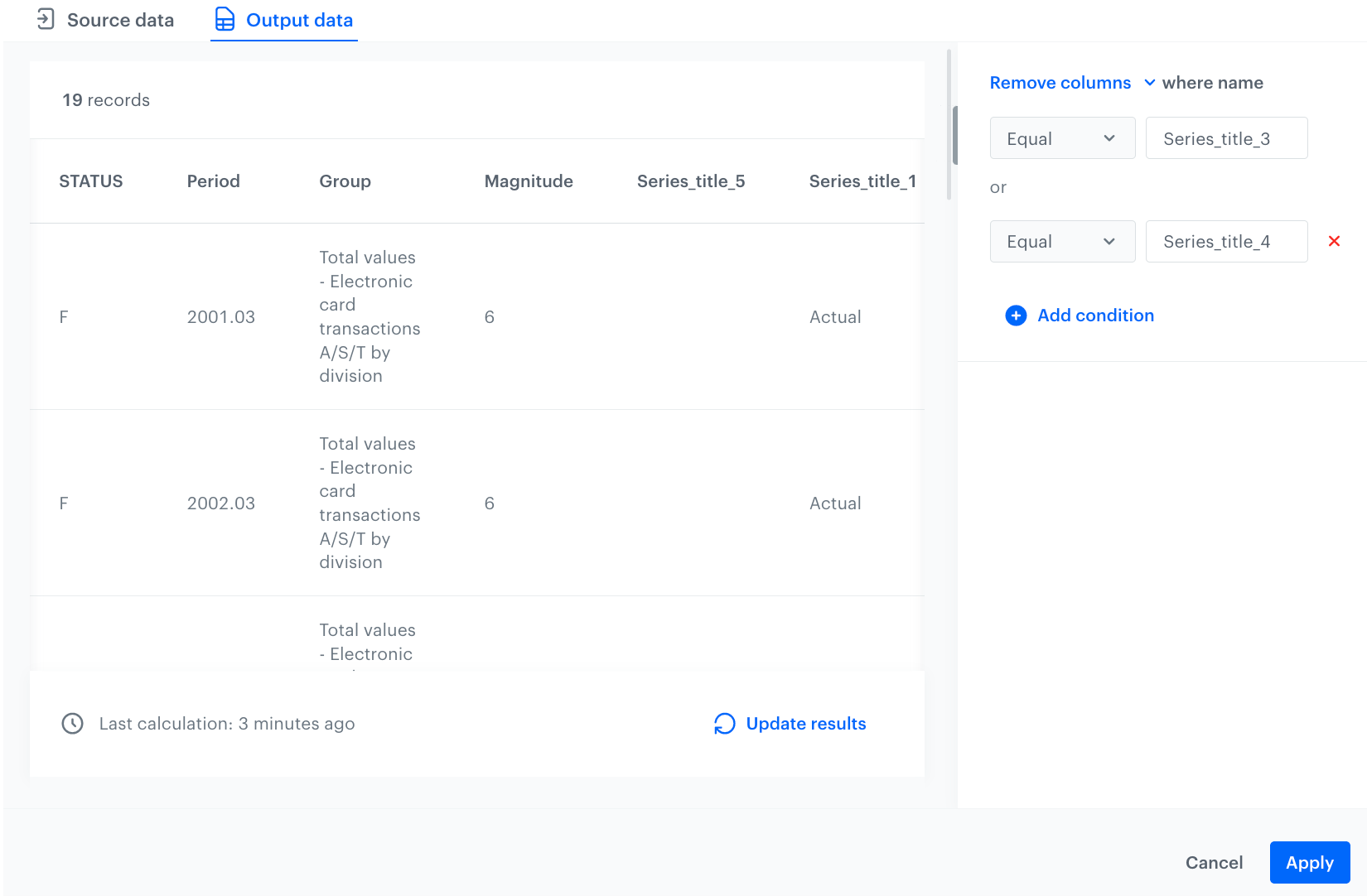 Output data after applying Remove columns node