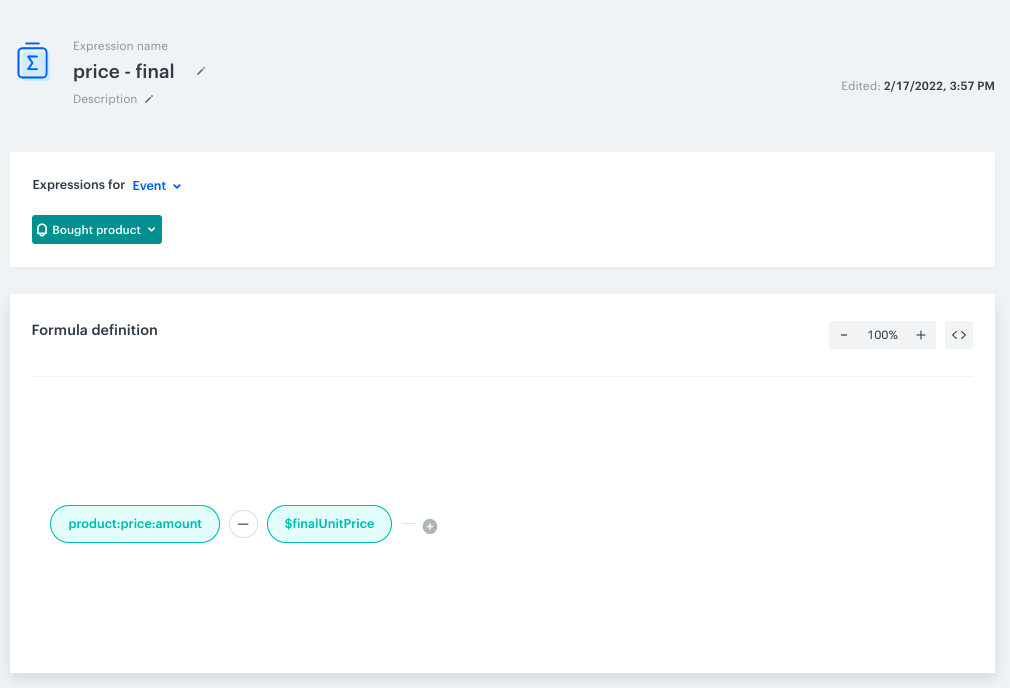 Behavioral Data Hub expression formula calculating discount amount from product price and final unit price