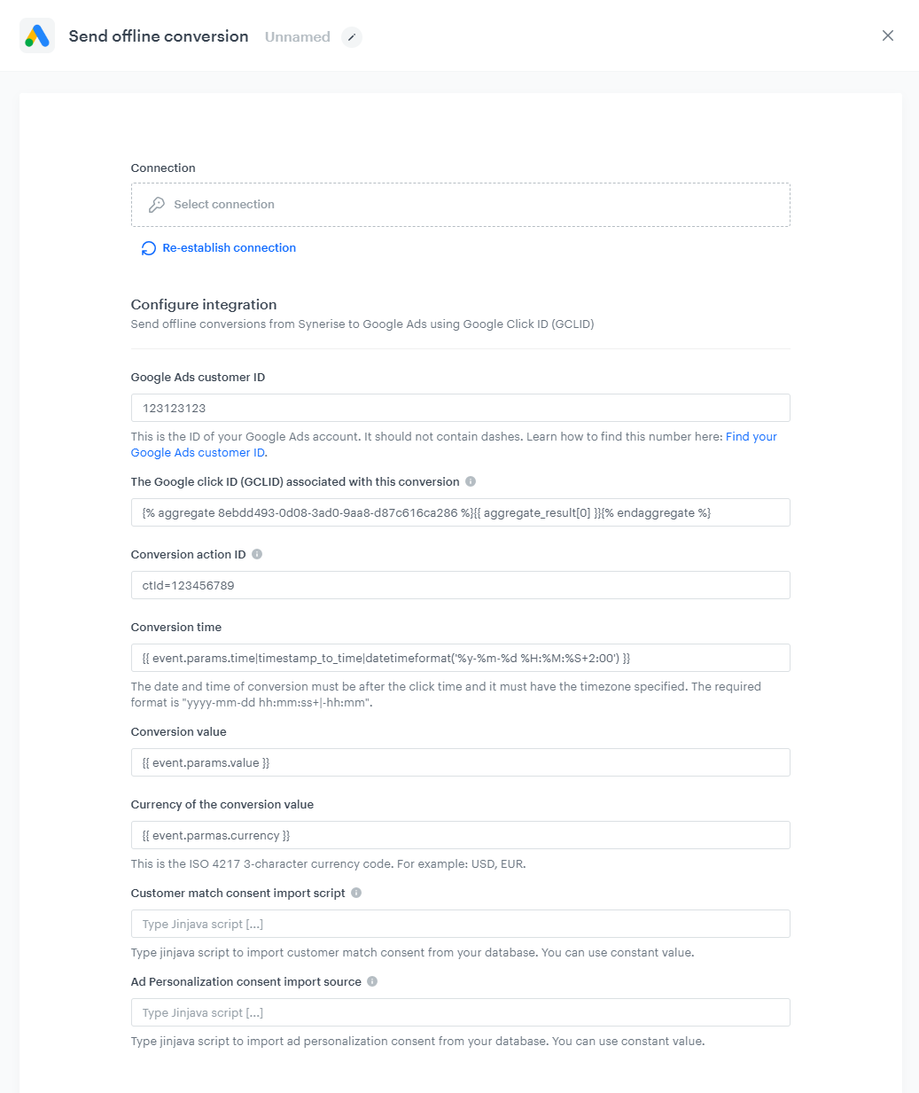 The view of the configuration of the Send Offline Conversion node