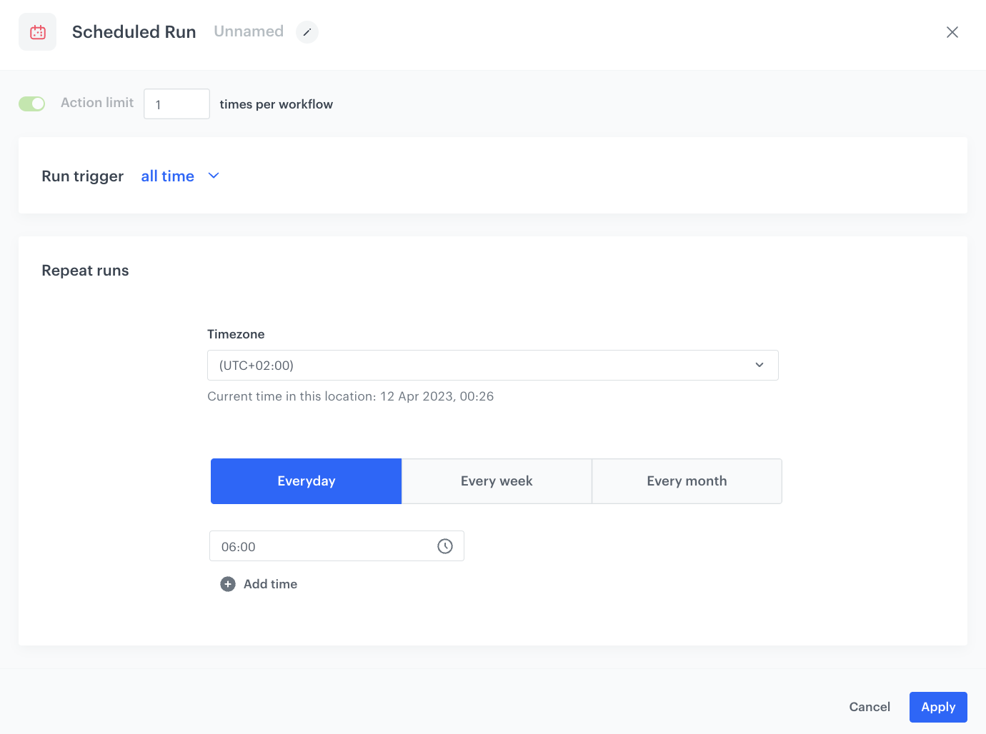Automation Hub Scheduled Run node configuration for triggering profile export to Google Cloud Storage